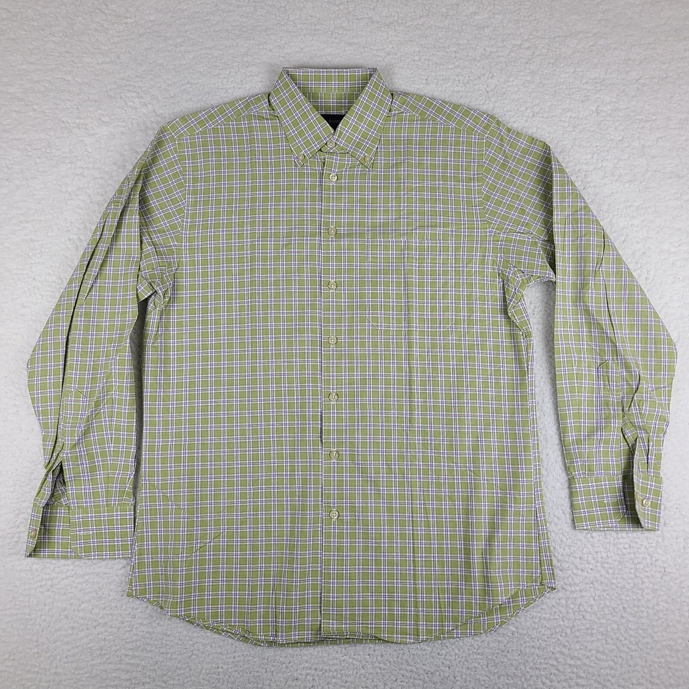 Scott‎ Barber Shirt Mens Medium Purple Green Plaid Cotton Dress Button Down